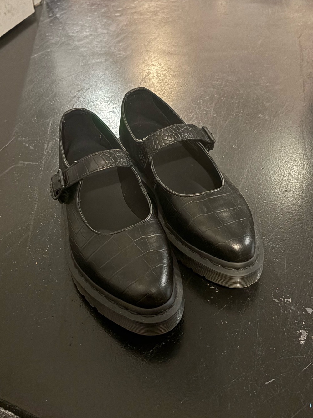 Dr. Martens Elphie Mary Jane, Croc Embossed Black Leather, Shoe Size 8
